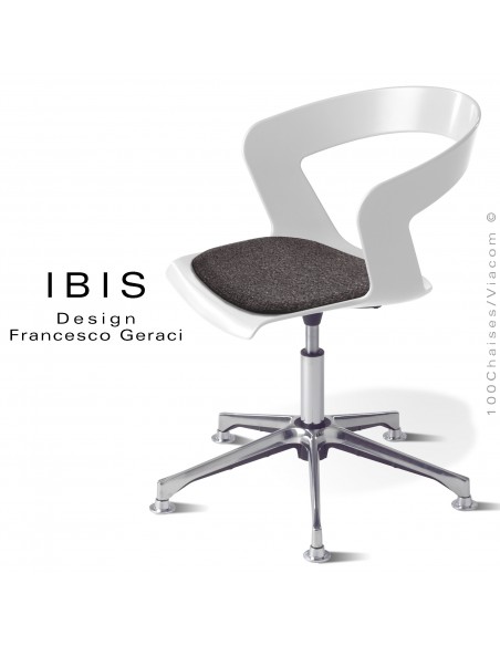 Chaise design pivotante IBIS, assise coque blanche avec élévation et coussin feutre anthracite, piétement aluminium brillant.