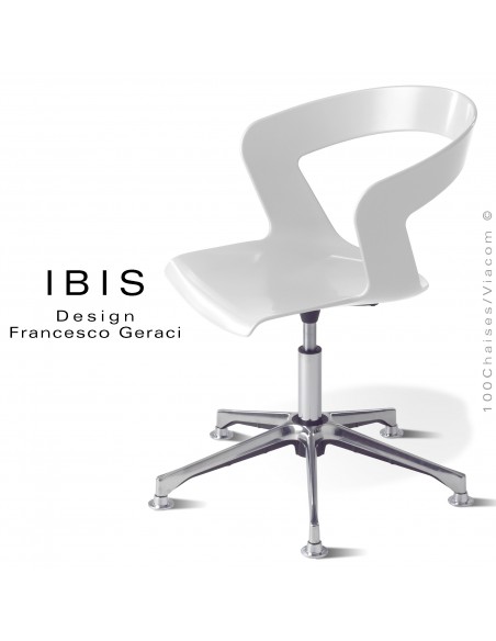 Chaise design pivotante IBIS, assise coque blanche avec élévation, piétement aluminium brillant.