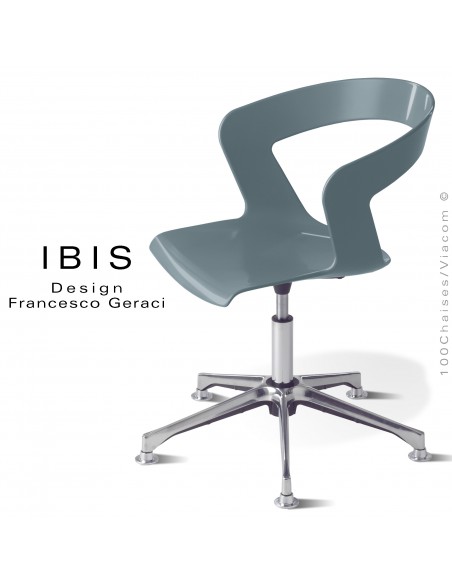 Chaise design pivotante IBIS, assise coque gris petit gris avec élévation, piétement aluminium brillant.