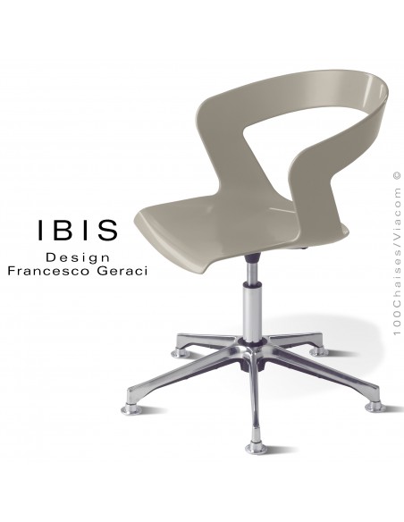 Chaise design pivotante IBIS, assise coque gris Tourterelle avec élévation, piétement aluminium brillant.