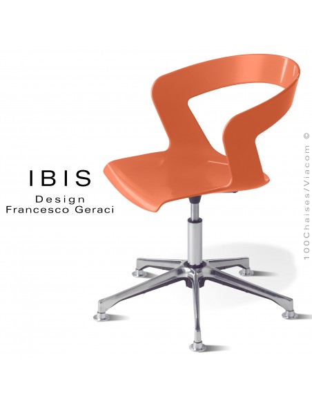 Chaise design pivotante IBIS, assise coque orange avec élévation, piétement aluminium brillant.