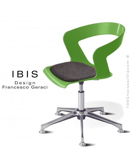 Chaise design pivotante IBIS, assise coque verte avec élévation et coussin d'assise anthracite, piétement aluminium brillant. Chaise design pivotante IBIS, assise coque verte avec élévation et coussin d'assise anthracite, piétement aluminium brillant.