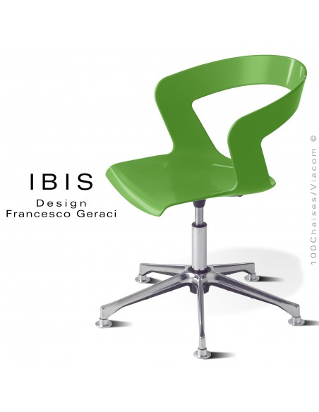 Chaise design pivotante IBIS, assise coque vert avec élévation, piétement aluminium brillant.
