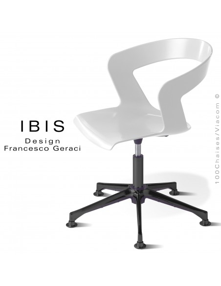 Chaise pivotante IBIS assise coque blanche avec élévation, piétement aluminium noir.