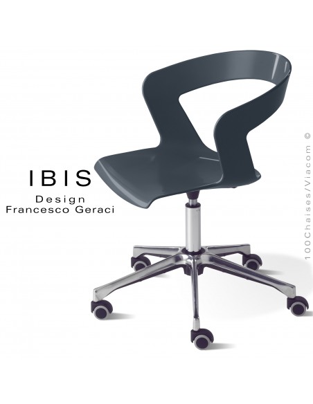 Chaise de bureau IBIS, assise coque anthracite pivotante et élévation, piétement aluminium brillant avec roulettes.