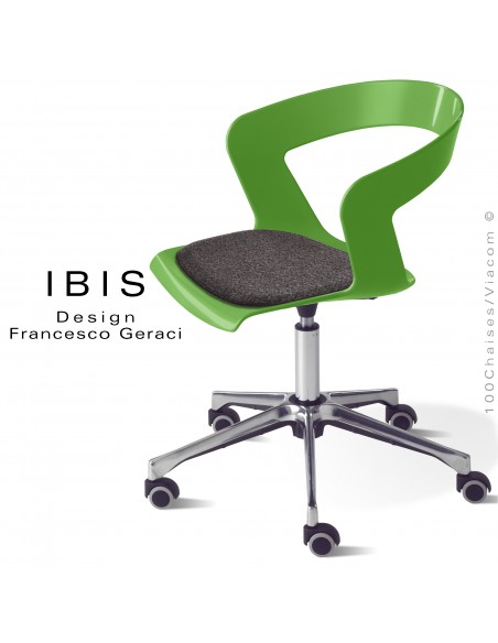 Chaise bureau IBIS, assise vert pivotante avec élévation, coussin anthracite, piétement aluminium brillant et roulettes. Chaise bureau IBIS, assise vert pivotante avec élévation, coussin anthracite, piétement aluminium brillant et roulettes.