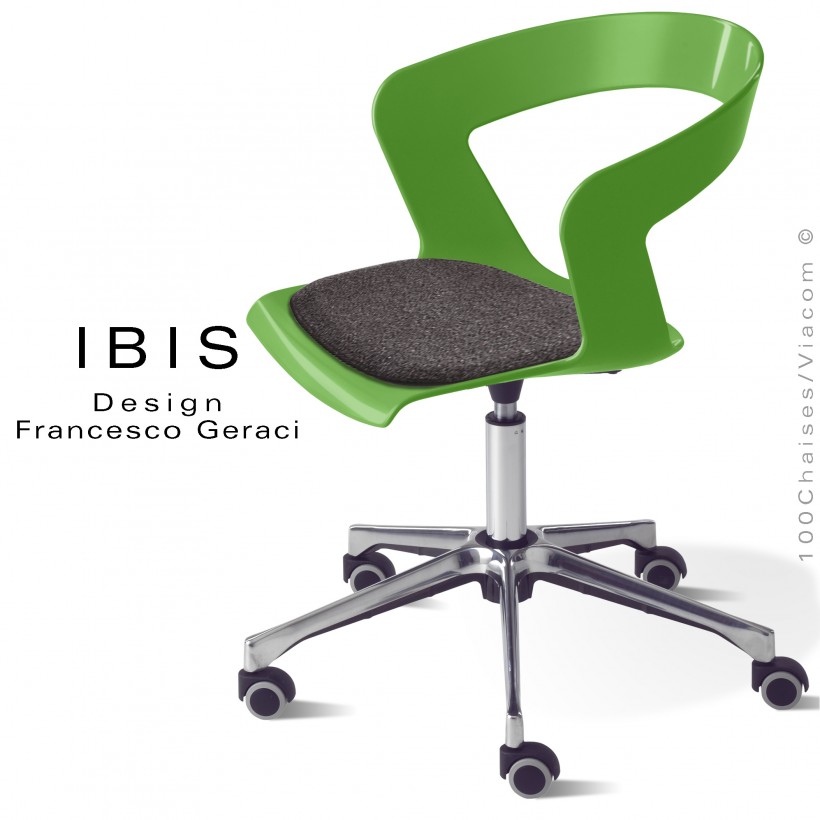 Chaise bureau IBIS, assise vert pivotante avec élévation, coussin anthracite, piétement aluminium brillant et roulettes. Chaise bureau IBIS, assise vert pivotante avec élévation, coussin anthracite, piétement aluminium brillant et roulettes.