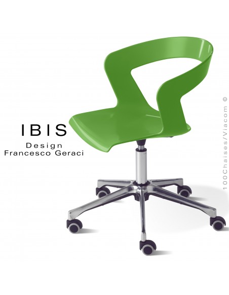 Chaise de bureau IBIS, assise coque verte pivotante et élévation, piétement aluminium brillant avec roulettes.