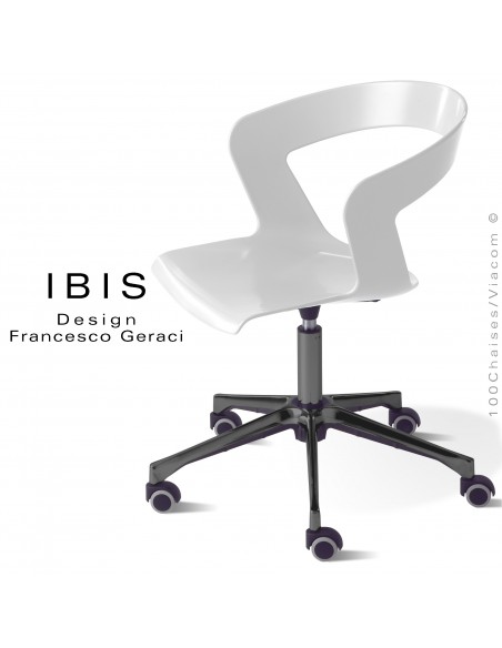 Chaise de bureau IBIS, assise coque blanche pivotante et élévation, piétement aluminium noir avec roulettes.