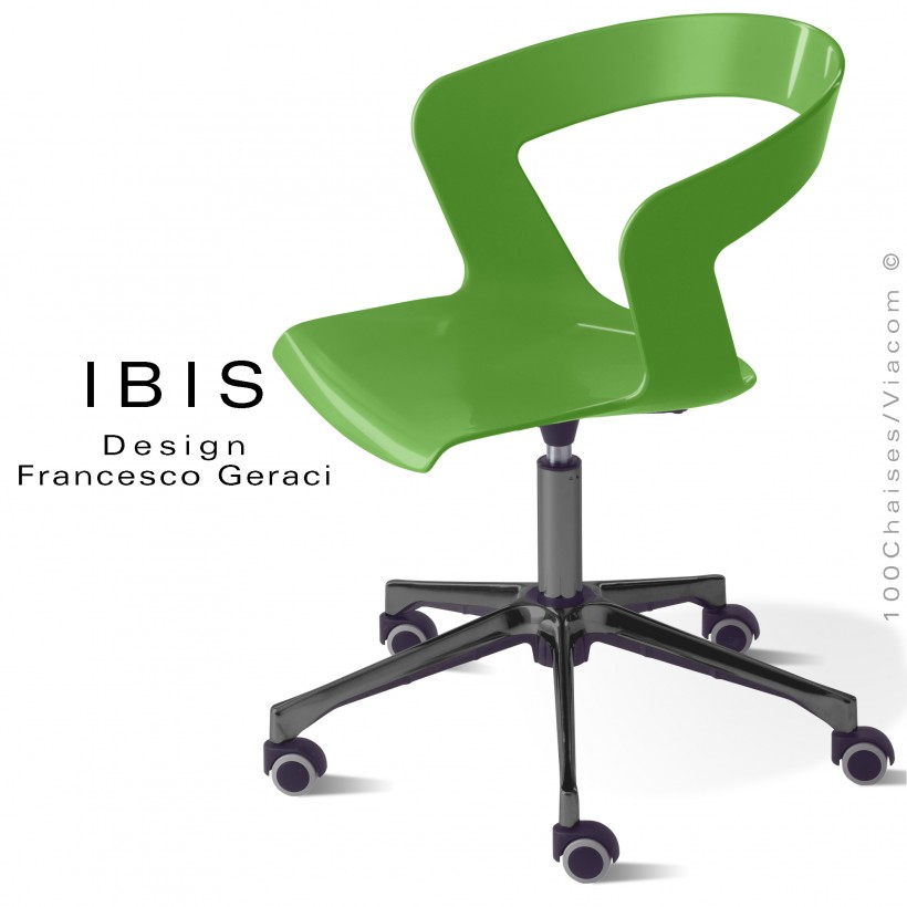 Chaise de bureau IBIS, assise coque verte pivotante et élévation, piétement aluminium noir avec roulettes. Chaise de bureau IBIS, assise coque verte pivotante et élévation, piétement aluminium noir avec roulettes.