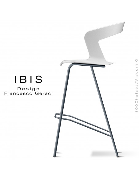 Tabouret design pour bar IBIS, piétement peint anthracite, assise coque couleur blanche.
