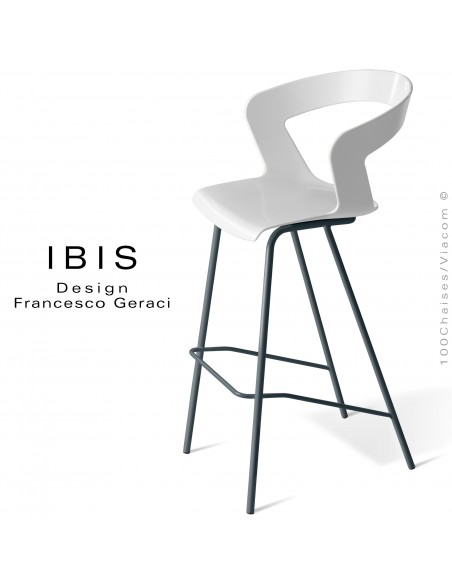 Tabouret design pour bar IBIS, piétement peint anthracite, assise coque couleur blanche.