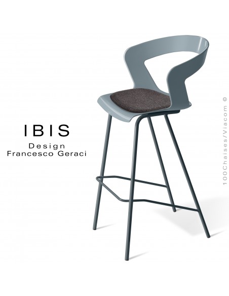 Tabouret design pour bar IBIS, piétement peint anthracite, assise coque couleur gris avec coussin feutre anthracite.