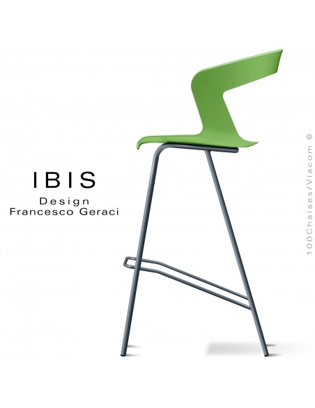 Tabouret design pour bar IBIS, piétement peint anthracite, assise coque couleur vert pomme.