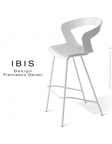 Tabouret design pour bar IBIS, piétement peint blanc, assise coque couleur blanche.