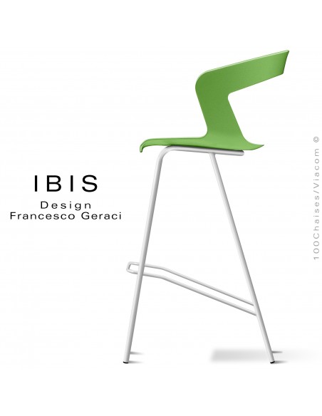 Tabouret design pour bar IBIS, piétement peint blanc, assise coque couleur vert pomme.