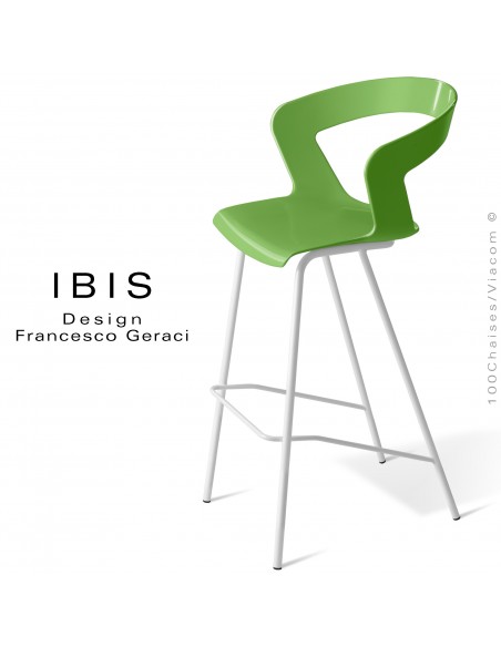 Tabouret design pour bar IBIS, piétement peint blanc, assise coque couleur vert pomme.