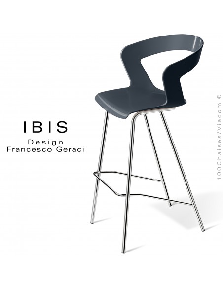Tabouret design pour bar IBIS, piétement chromé brillant, assise coque couleur anthracite.