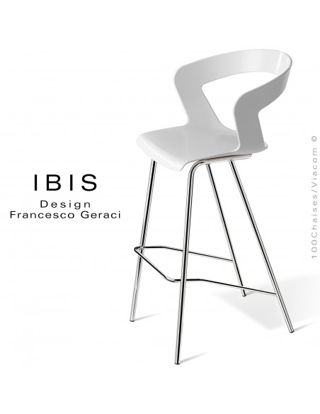 Tabouret design pour bar IBIS, piétement chromé brillant, assise coque couleur blanche.