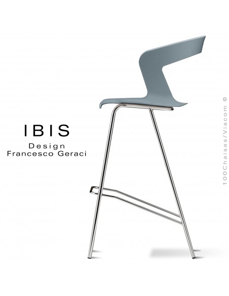 Tabouret design pour bar IBIS, piétement chromé brillant, assise coque couleur gris petit gris.