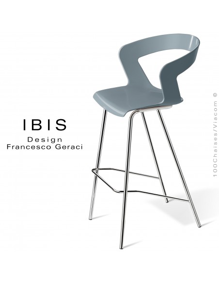 Tabouret design pour bar IBIS, piétement chromé brillant, assise coque couleur gris petit gris.