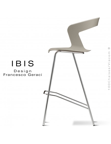 Tabouret design pour bar IBIS, piétement chromé brillant, assise coque couleur gris tourterelle.