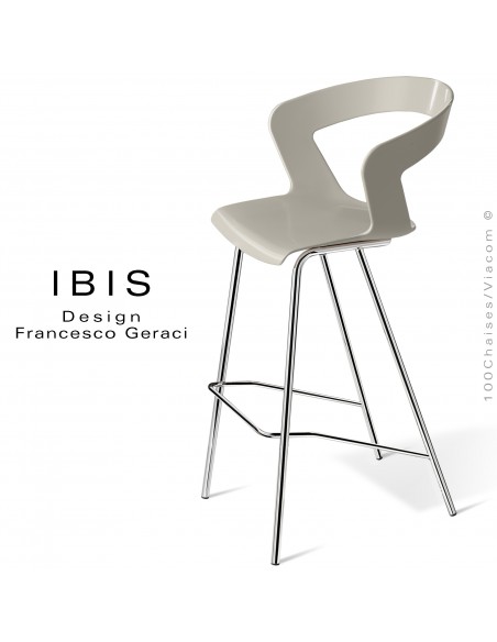 Tabouret design pour bar IBIS, piétement chromé brillant, assise coque couleur gris tourterelle.