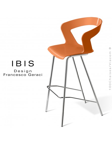 Tabouret design pour bar IBIS, piétement chromé brillant, assise coque couleur orange.