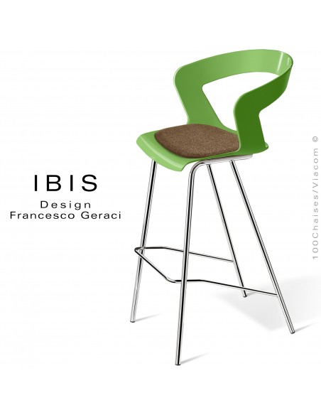 Tabouret design pour bar IBIS, piétement chromé brillant, assise coque couleur vert pomme avec coussin feutre sable.