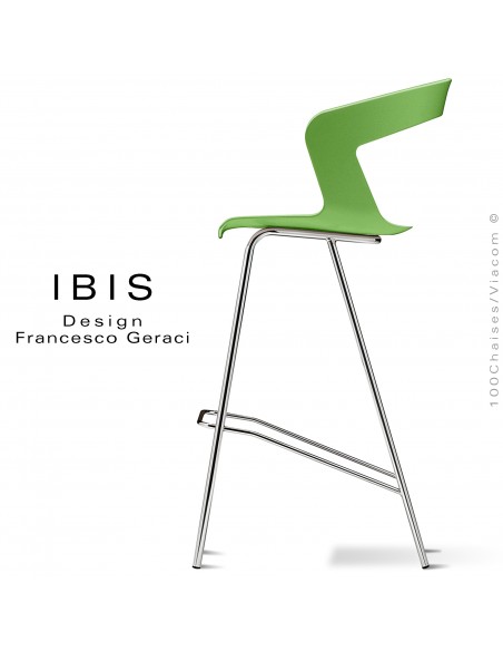 Tabouret design pour bar IBIS, piétement chromé brillant, assise coque couleur vert pomme.