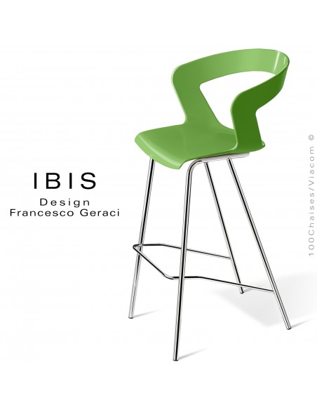 Tabouret design pour bar IBIS, piétement chromé brillant, assise coque couleur vert pomme.