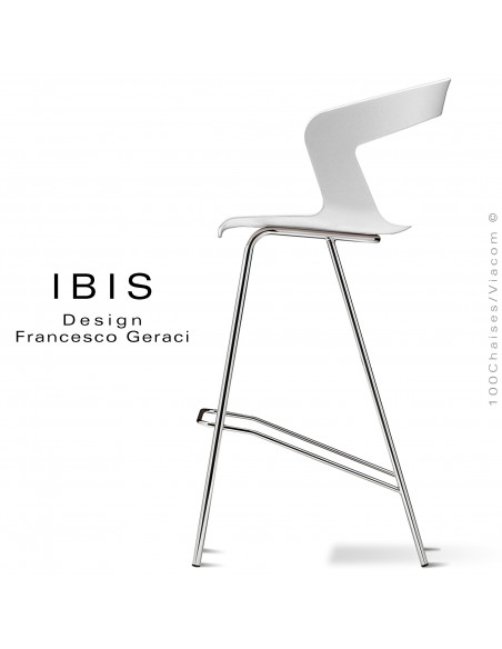 Tabouret design pour bar IBIS, piétement chromé brillant, assise coque couleur blanche.