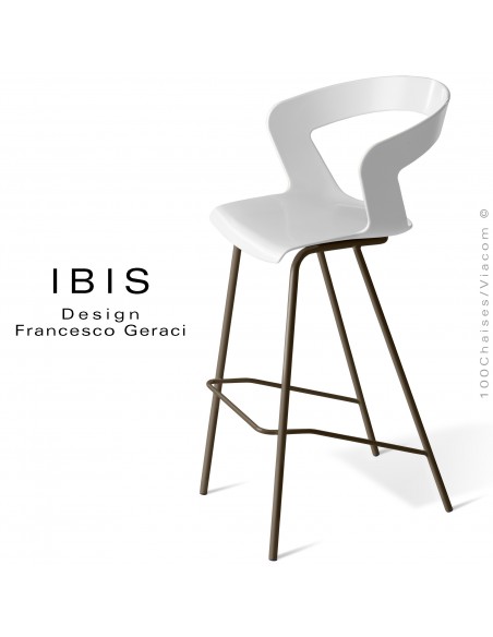 Tabouret design pour bar IBIS, piétement peint marron, assise coque couleur blanche.