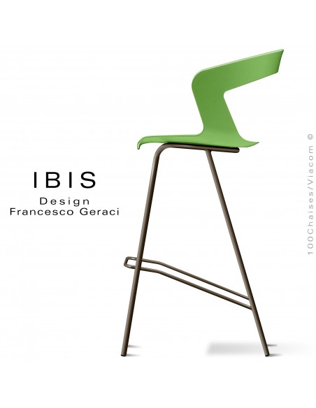 Tabouret design pour bar IBIS, piétement peint marron, assise coque couleur vert pomme.
