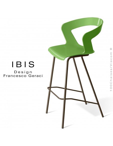 Tabouret design pour bar IBIS, piétement peint marron, assise coque couleur vert pomme.