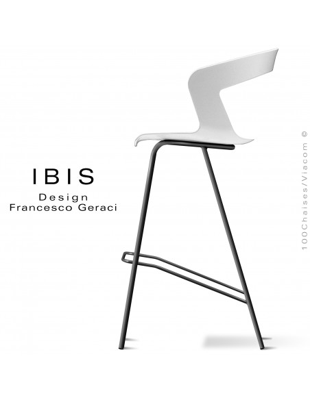Tabouret design pour bar IBIS, piétement peint noir, assise coque couleur blanche.