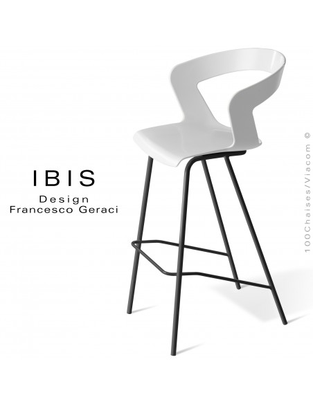Tabouret design pour bar IBIS, piétement peint noir, assise coque couleur blanche.