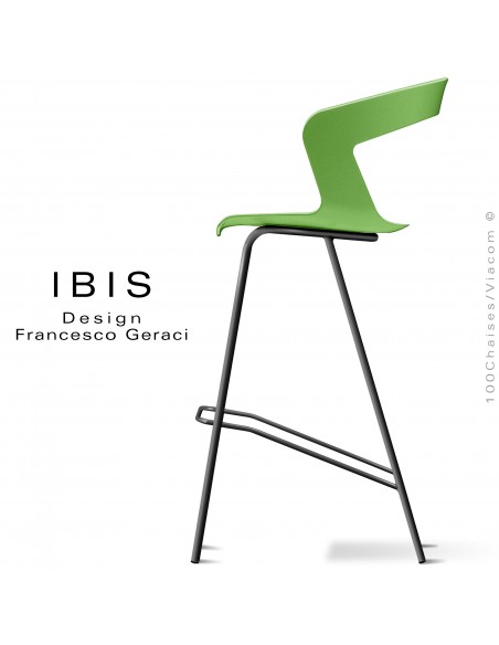 Tabouret design pour bar IBIS, piétement peint noir, assise coque couleur vert pomme.