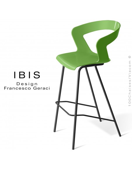 Tabouret design pour bar IBIS, piétement peint noir, assise coque couleur vert pomme.