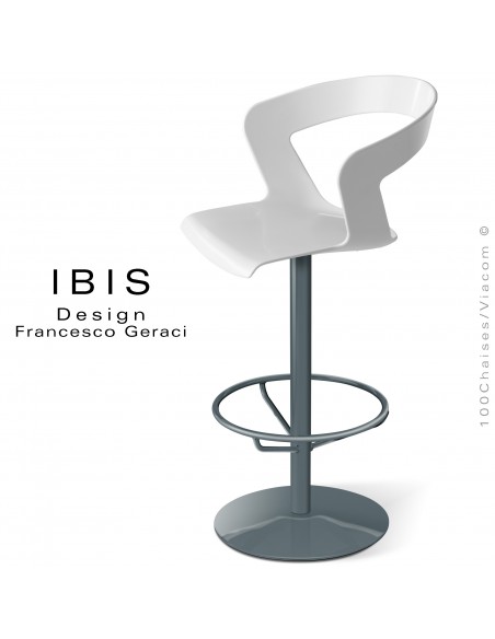 Tabouret de bar design IBIS, piétement colonne centrale peint anthracite, assise coque blanche.