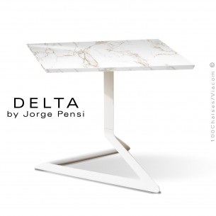 Table basse design DELTA, plateau 50x50 cm, céramique DEKTON, couleur Entzo, piétement aluminium peinture blanc.