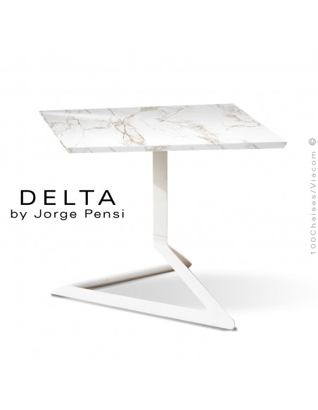 Table basse design DELTA, plateau 50x50 cm, céramique DEKTON, couleur Entzo, piétement aluminium peinture blanc.