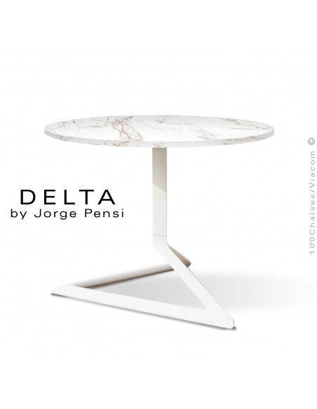 Table basse design DELTA, plateau Ø50 cm, céramique DEKTON, couleur Entzo, piétement aluminium peinture blanc.