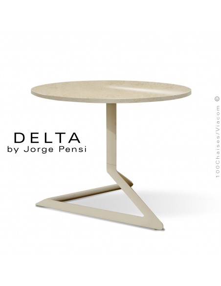 Table basse design DELTA, plateau Ø50 cm, céramique DEKTON, couleur Danae, piétement aluminium peinture écru.