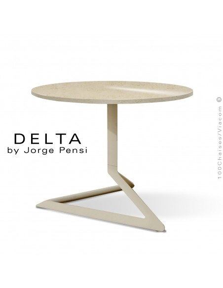Table basse design DELTA, plateau Ø50 cm, céramique DEKTON, couleur Danae, piétement aluminium peinture écru.