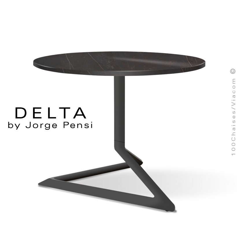 Table basse design DELTA, plateau Ø50 cm, céramique DEKTON, couleur Kelya, piétement aluminium peinture noir.