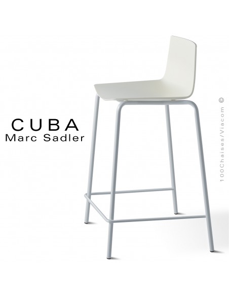 Tabouret design CUBA-ECO, piétement peint aluminium avec repose-pieds, assise coque plastique blanc pur.