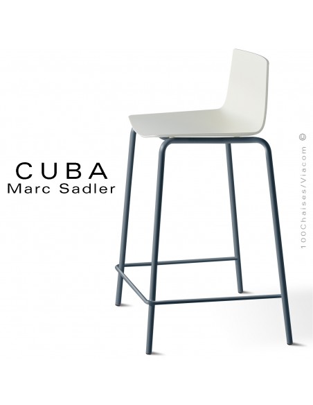 Tabouret design CUBA-ECO, piétement peint anthracite, assise coque plastique blanc pur.