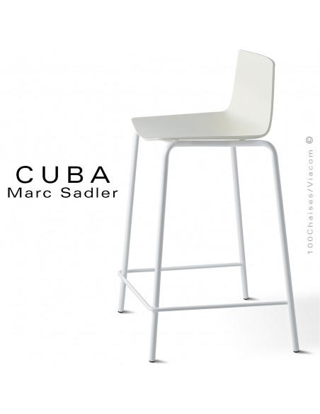 Tabouret design CUBA-ECO, piétement peint blanc, assise coque plastique blanc pur.