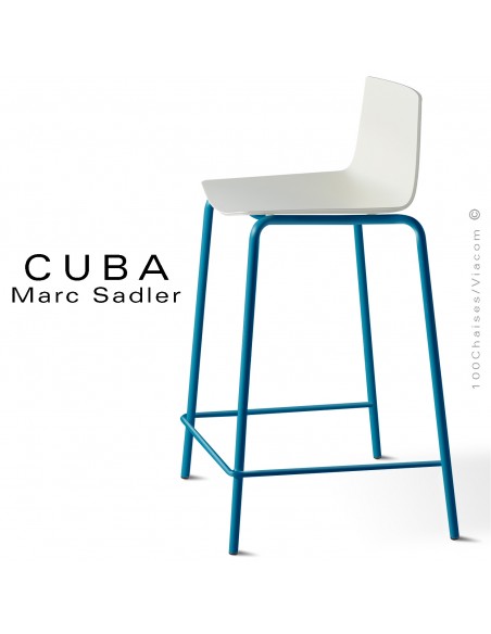 Tabouret design CUBA-ECO, piétement peint bleu Capri, assise coque plastique blanc pur.